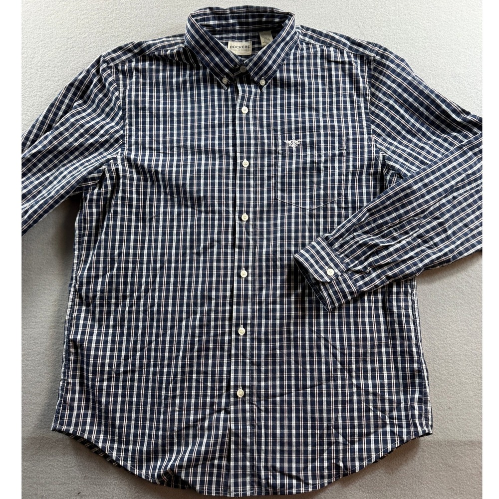 Dockers Button Down Shirt Mens Large Blue Plaid Long Sleeve Pocket